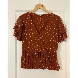 Madewell Tiered-Sleeve Peplum (ink-spot dot; burnt orange; 8)